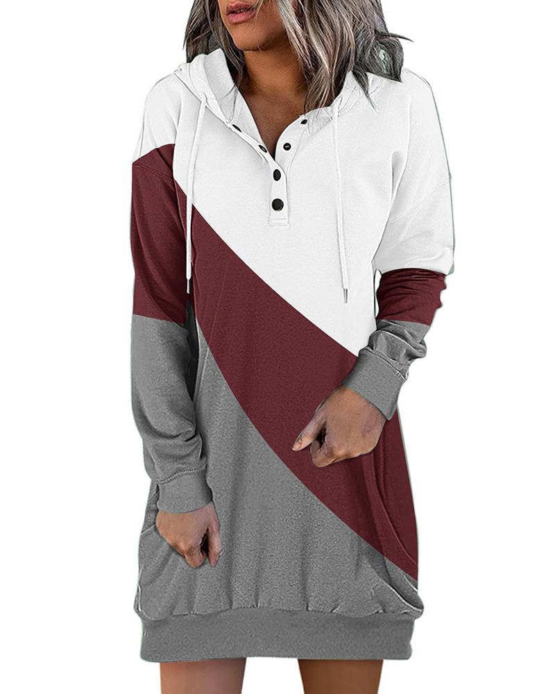 

Buttoned Colorblock Long Sleeve Hoodie, Red