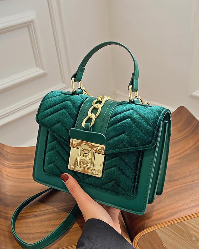 

Velvet Chain Decor Satchel Bag With Handle, Green