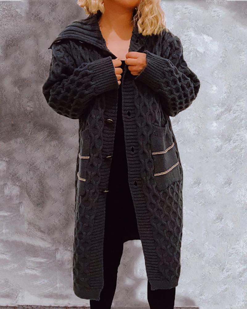 

Striped Print Buttoned Hooded Braided Cardigan, Dark grey