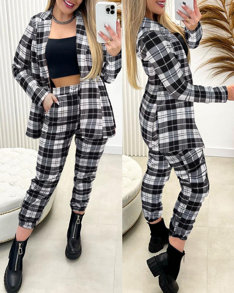 

Long Sleeve Plaid Print Blazer Coat, Black