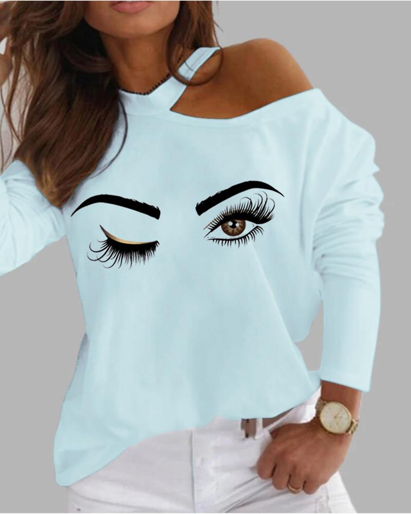 

Eye Print Cold Shoulder Long Sleeve Top, Blue