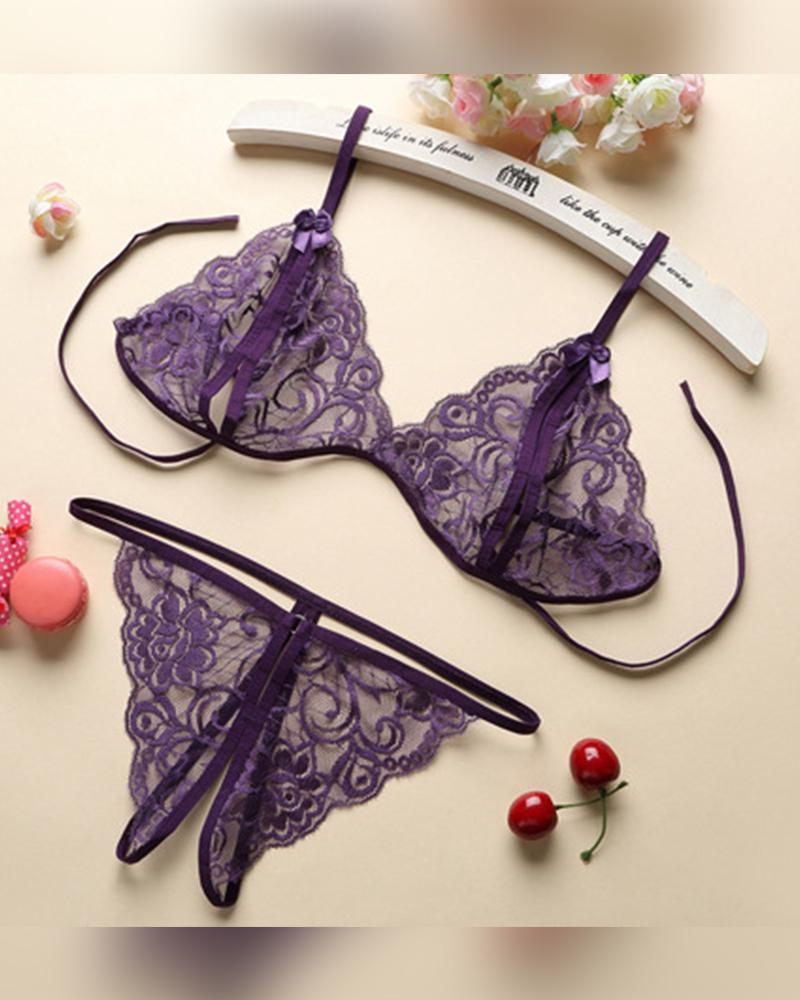 

Sexy See-through Lace Sling Bra And Thong Panties Lingerie, Purple