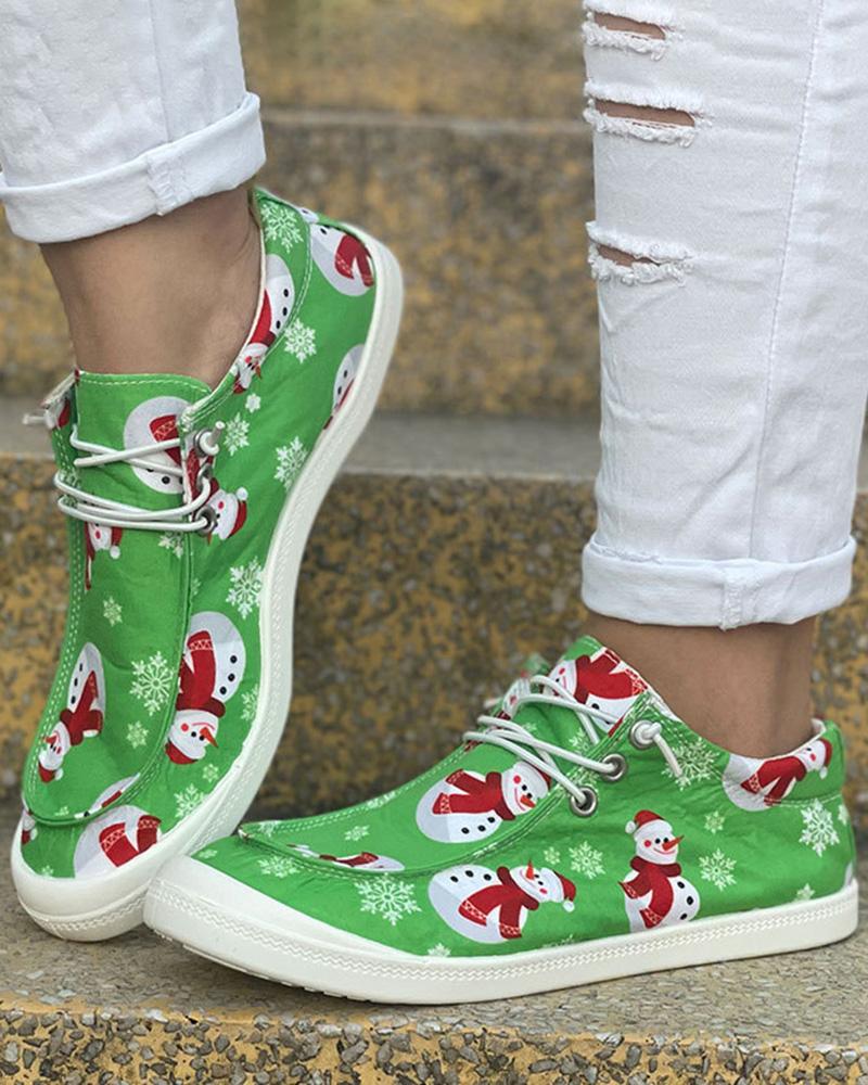 

Christmas Lace-up Graphic Print Canvas Slip-On, Green