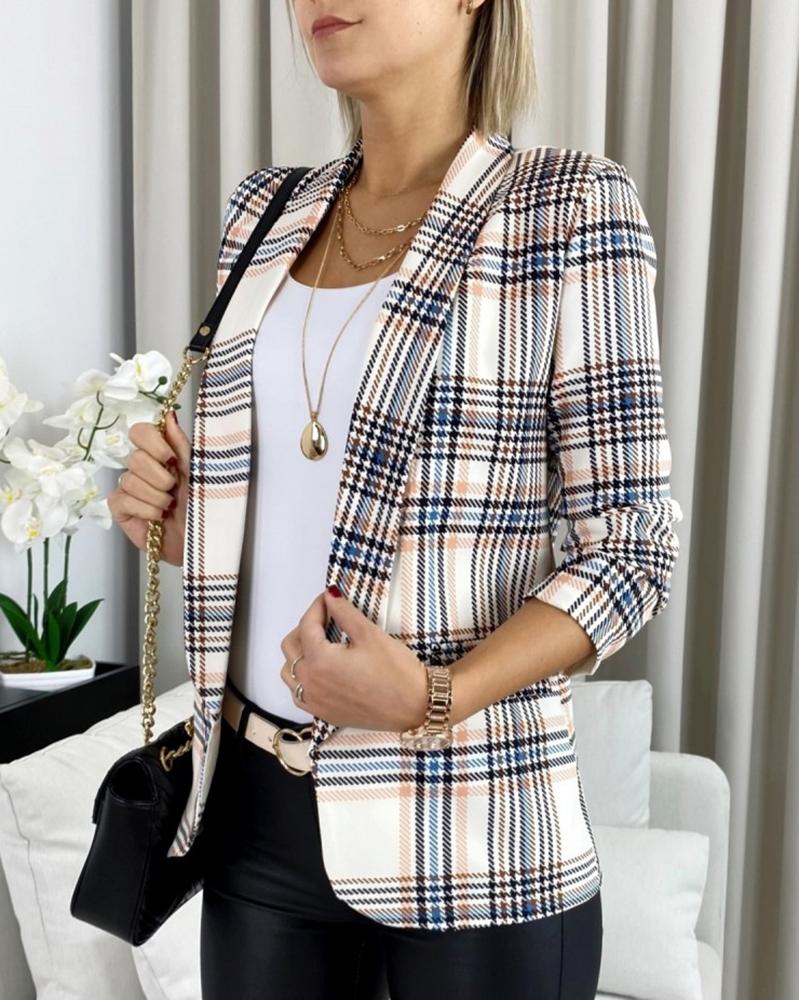 

Plaid Print Fake Pocket Design Long Sleeve Blazer Coat, Khaki