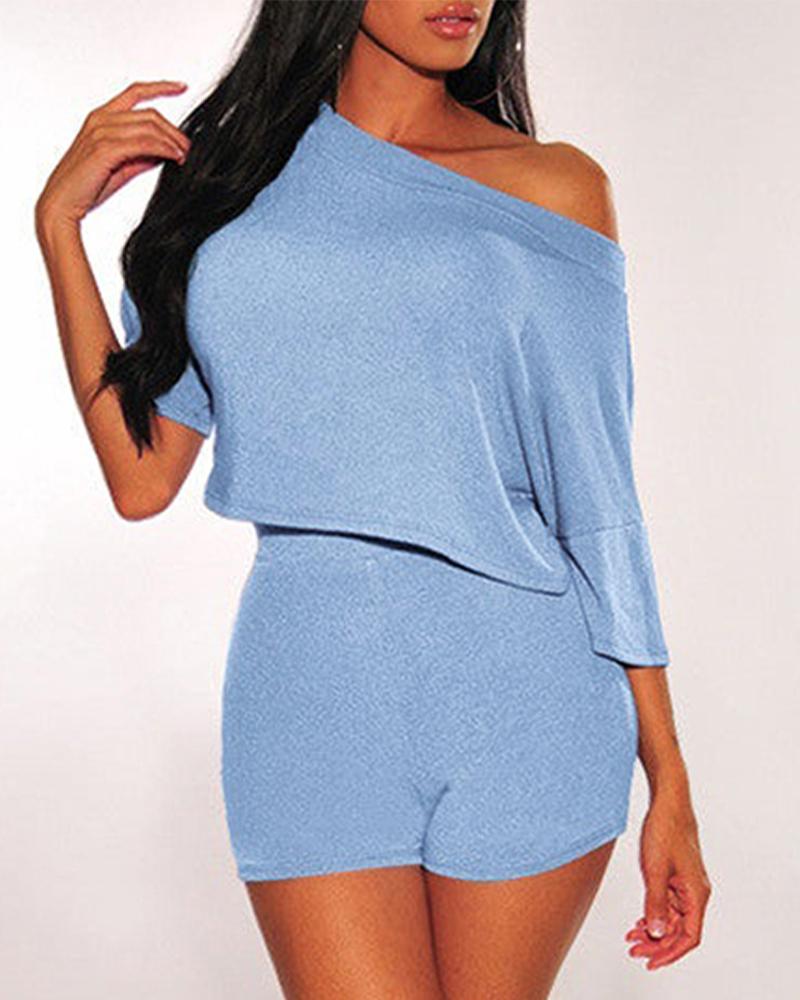 

One Shoulder Short Sleeve T-shirt & Shorts Set, Blue