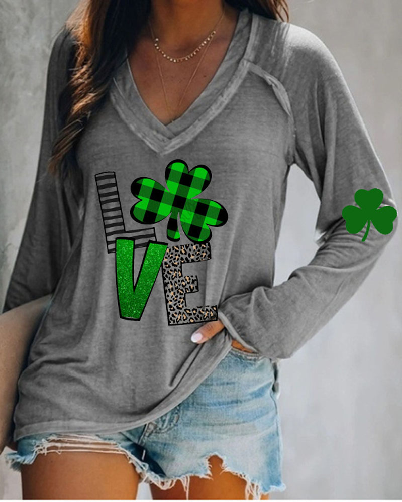 

St. Patrick's Day Clover Letter Print Long Sleeve Top, Gray