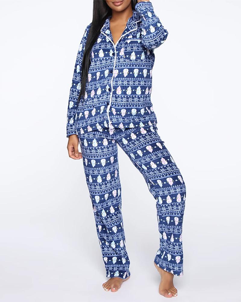 

Christmas Button Design Long Sleeve Pajamas Set, Blue