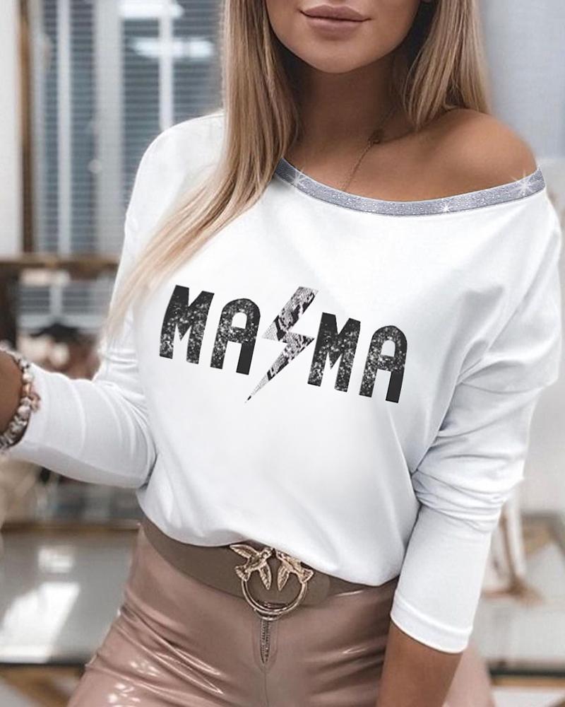 

Letter Print Colorblock O-neck Top, White