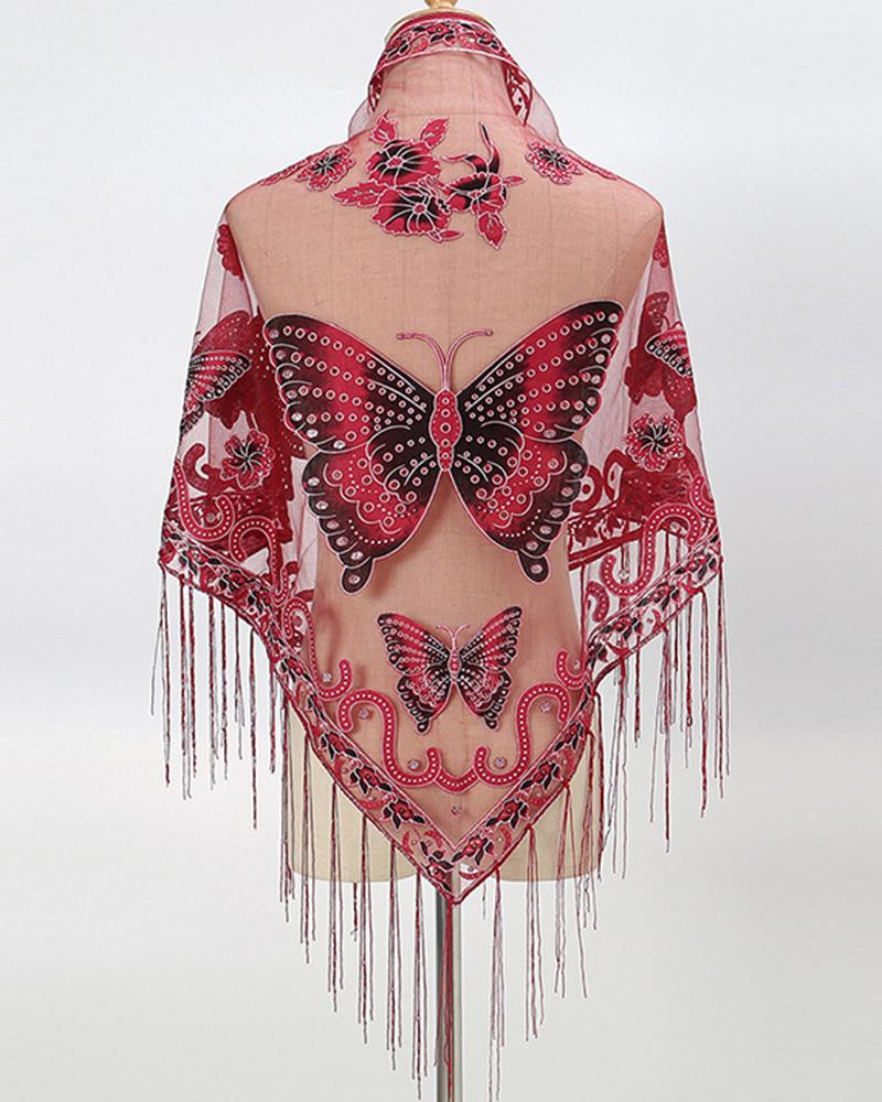 

Triangle Scarf Butterfly Flower Embroidery Lace Tassel Shawl Elegant Breathable Windproof Wrap Outdoor Accessories, Wine red