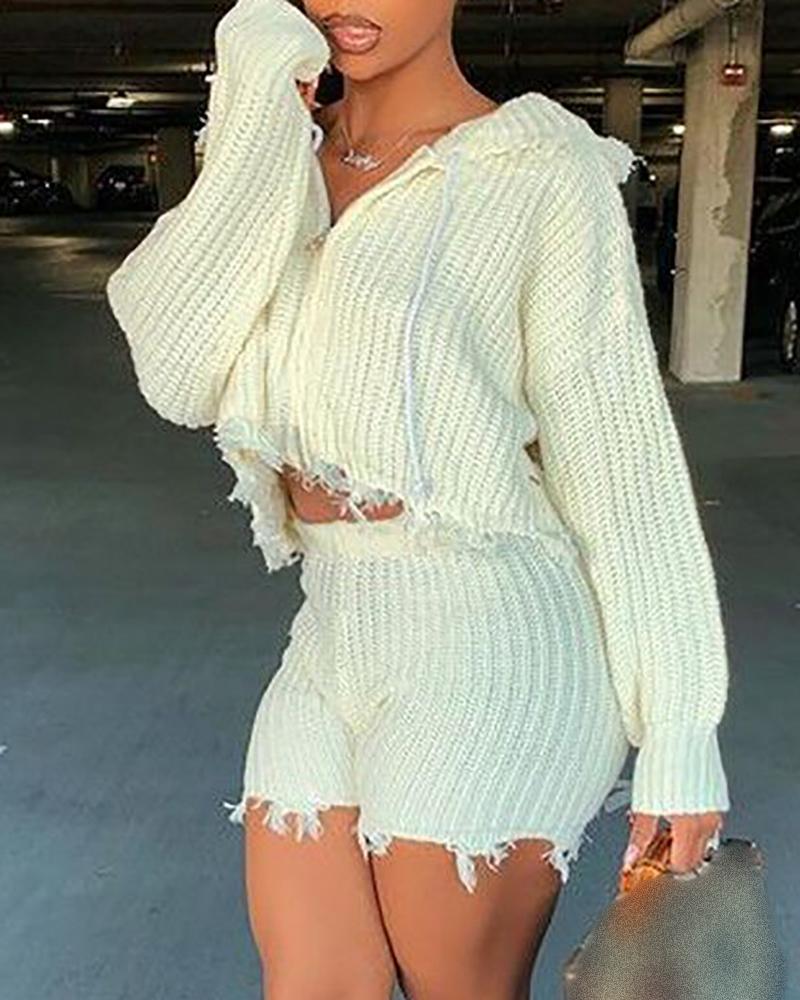 

Fringe Hem Zipper Design Hooded Sweater & Shorts Set, White