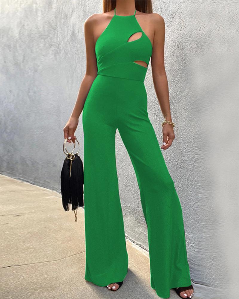 

Halter Backless Cutout Wide Leg Jumpsuit, Green