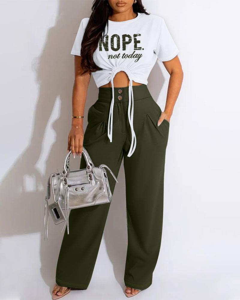 

Nope Not Today Print Drawstring Crop Top & Buttoned Pants Set, Army green