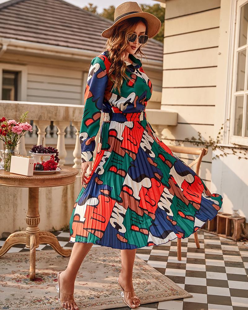 

Letter Print Colorblock Button Design Top & Pleated Skirt Set, Multicolor