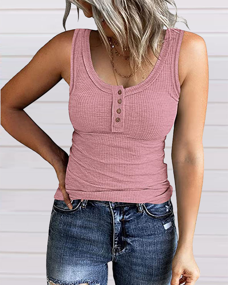 

Contrast Stitching Button Front Ribbed Tank Top, Pink
