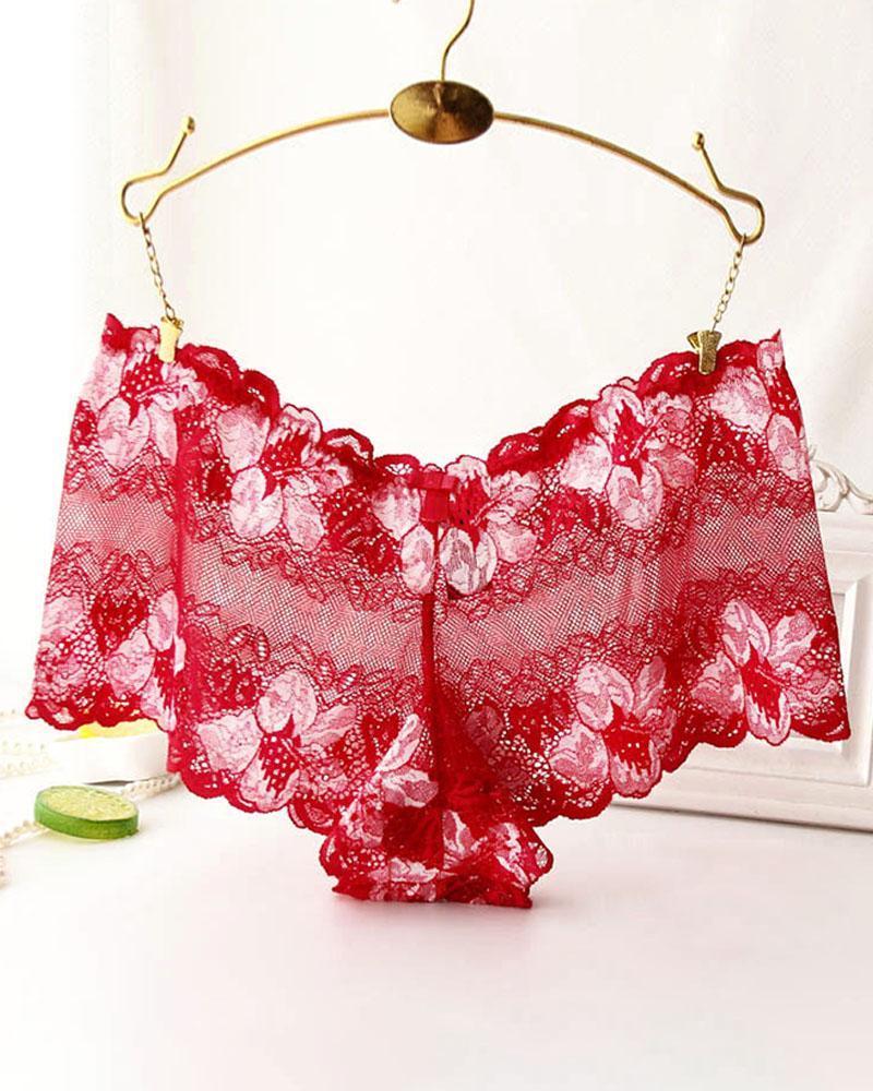 

Floral Pattern Lace Mesh Bowknot Detail Panty, Red