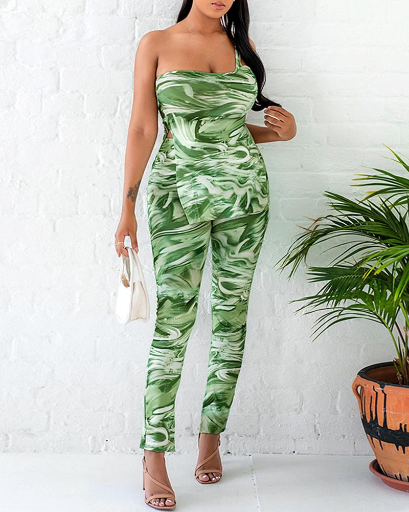 

Marble Print One Shoulder Split Hem Top & Skinny Pants Set, Green