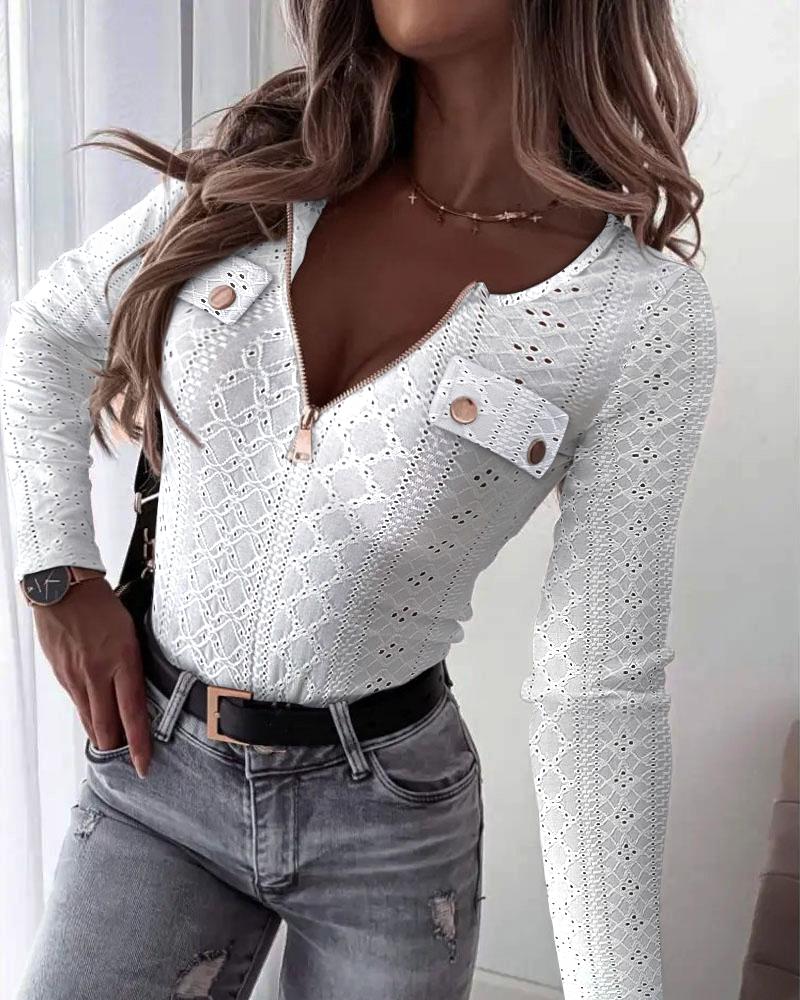 

Eyelet Embroidery Zip Front Long Sleeve Top, White