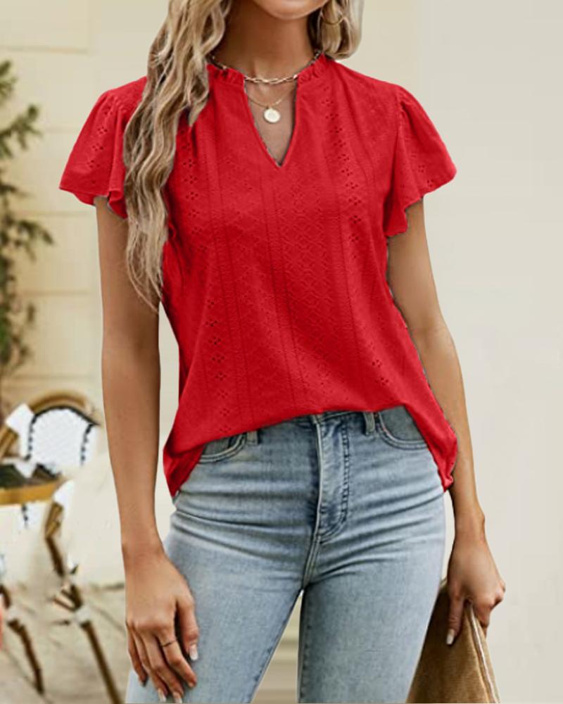 

Hollow Out Frill Hem V-Cut Top, Red