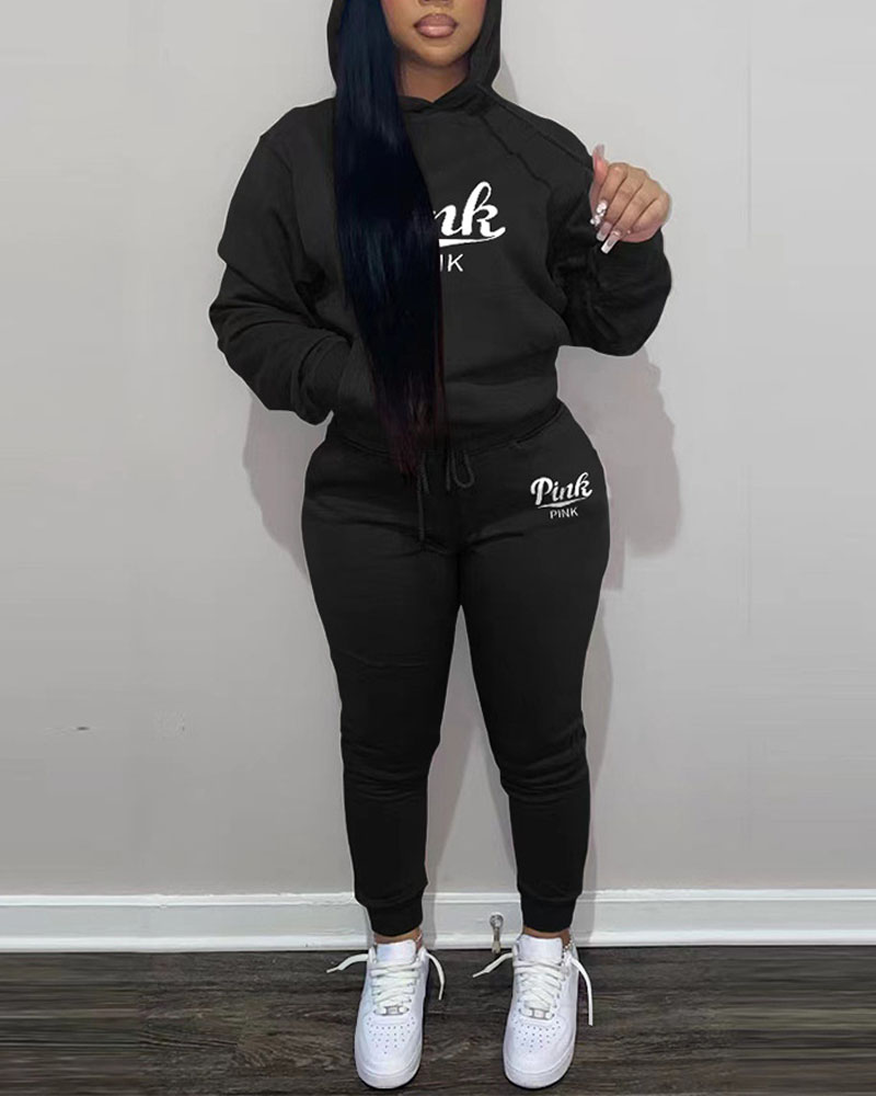 

Embroidery Letter Drawstring Hoodie & Pants Set, Black