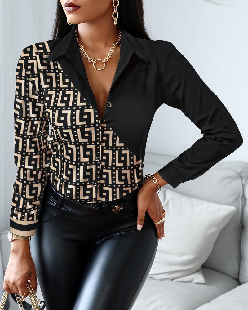 

Geo Print Long Sleeve Button Down Shirt, Brown