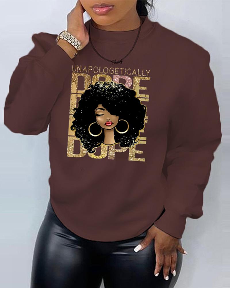 

Figure Letter Print Long Sleeve Sweatshirt, Coffee