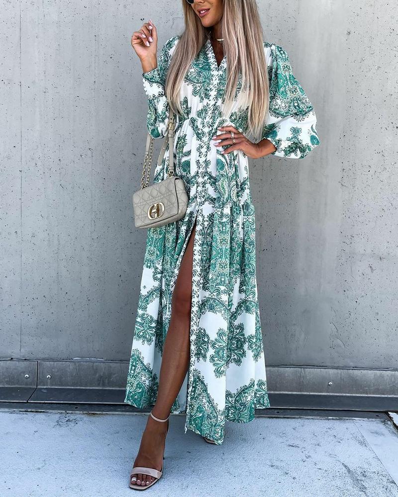

Retro Baroque Print Lantern Sleeve Button Up Shirt Dress, Green