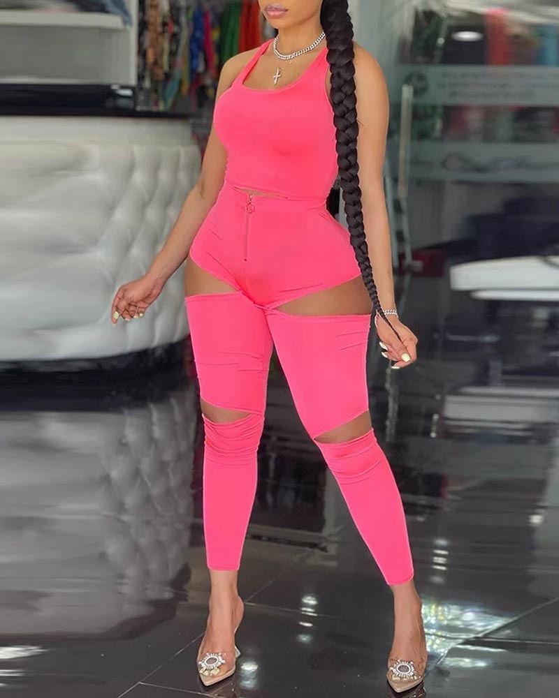 

U-Neck Sleeveless Top & Cutout Zipper Design Pants Set, Pink