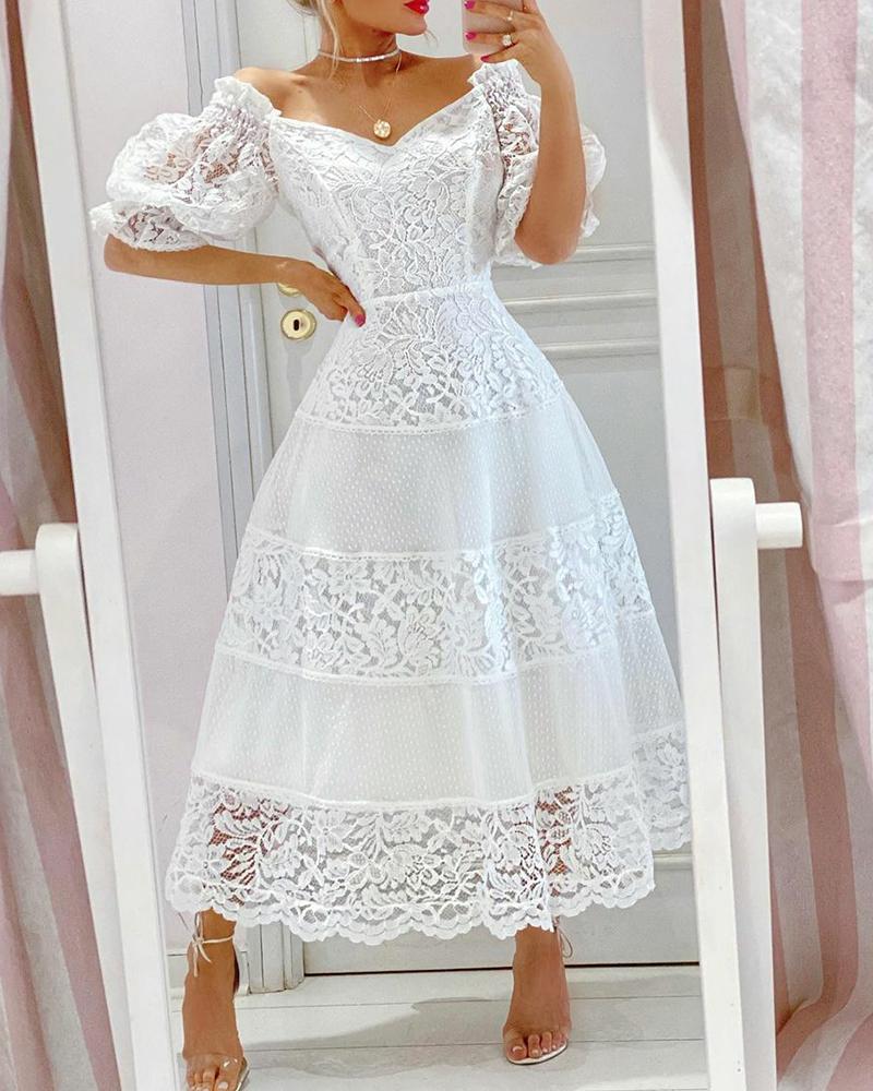 

V-Neck Scallop Trim Contrast Lace Flare Dress, White