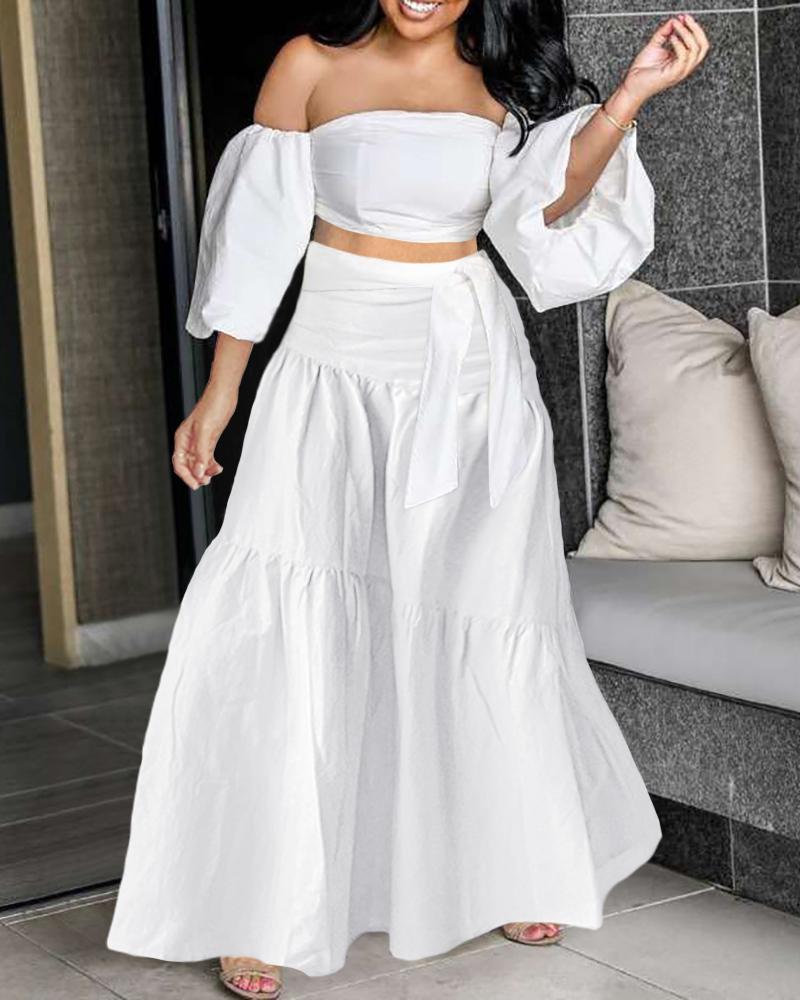 

Plain Crop Off Shoulder Top & Skirt Set, White