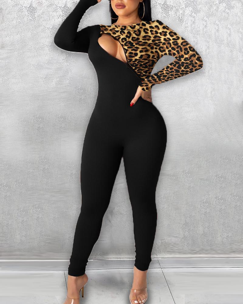 

Plus Size Cutout Leopard Print Long Sleeve Skinny Jumpsuit, Black