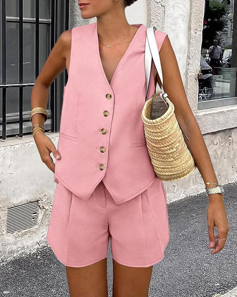 

Conjunto de pantalones cortos y top sin mangas con botones y cuello en V, Pink