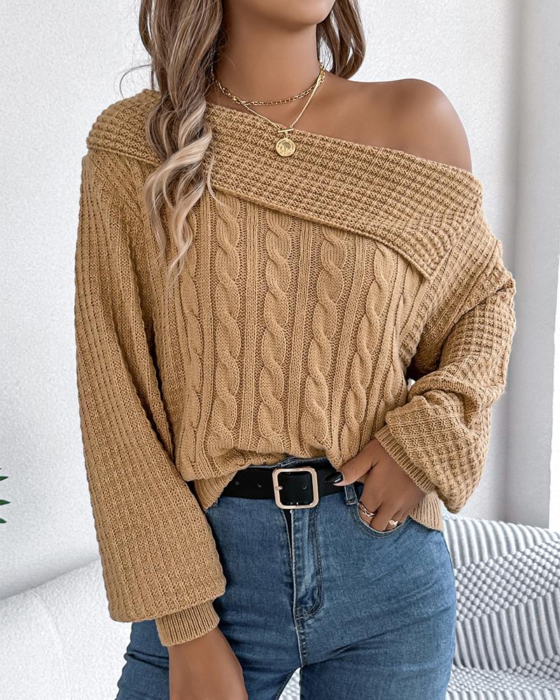 

Skew Neck Long Sleeve Cable Knit Sweater, Khaki