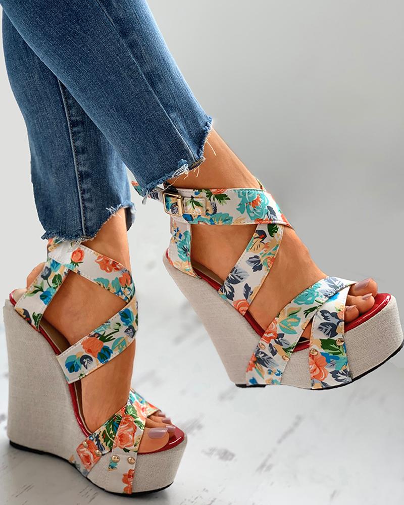 

Floral Print Satin Bandage Wedge Sandals, Multicolor