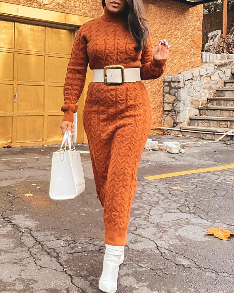 

Cable Knit High Neck Long Sleeve Dress, Brown