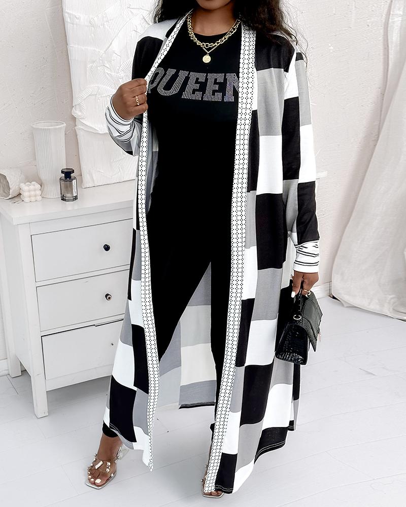 

Plus Size Geometric Print Open Front Longline Coat, Blackwhite