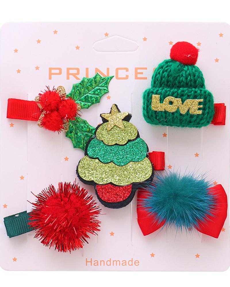 

5pcs Christmas Cartoon Santa Elk Hat Gift Shaped Hair Clips Set, Style5