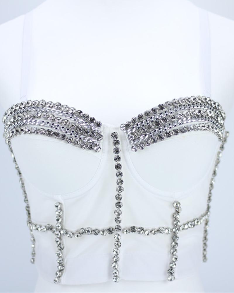 

Studded Rhinestone Chain Decor Crop Corset Top, White