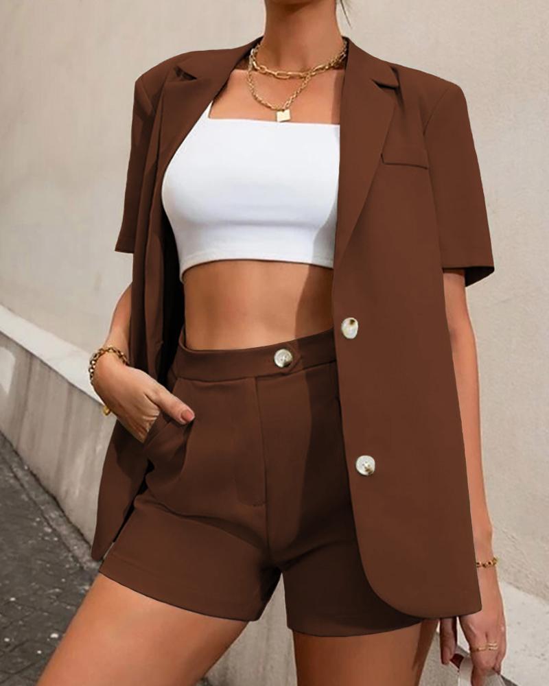 

Notched Collar Buttoned Blazer Coat & Shorts Set, Brown