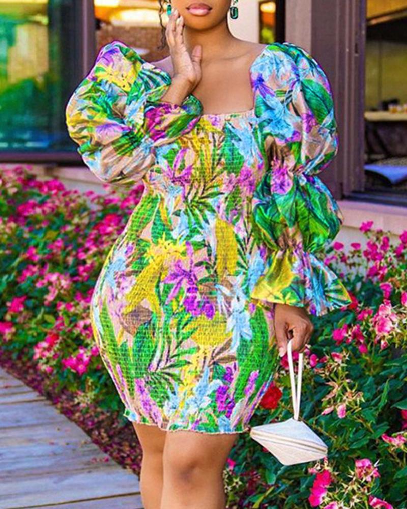 

Floral Print Puff Sleeve Shirred Bodycon Dress, Green
