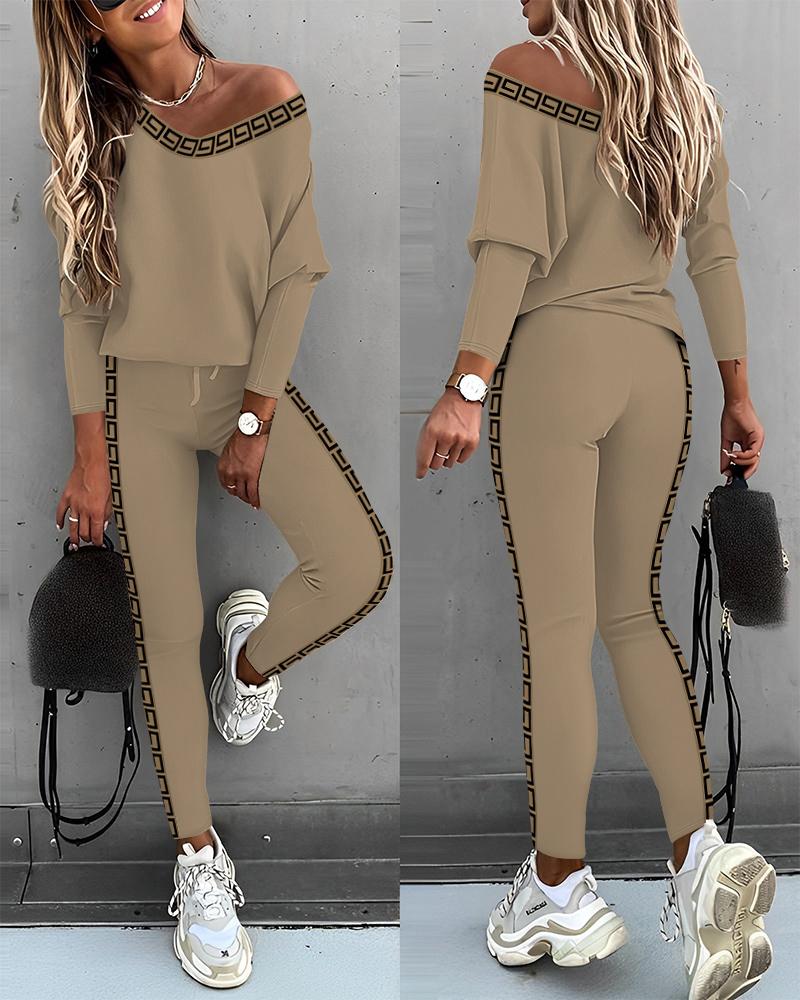 

Geo Tape Patch Gigot Sleeve Top & Drawstring Pants Set, Khaki