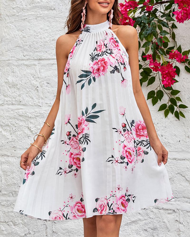 Floral Print Halter Casual Pleated Dress