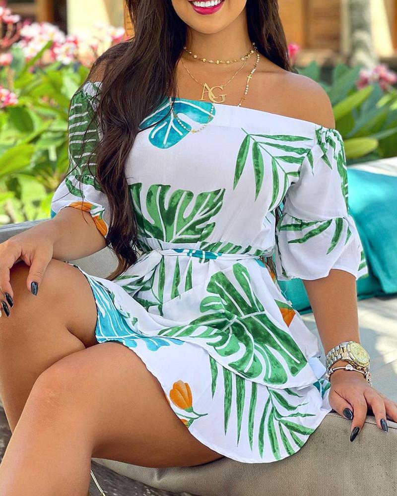 

Off Shoulder Palm Leaf Print Casual Dress, White