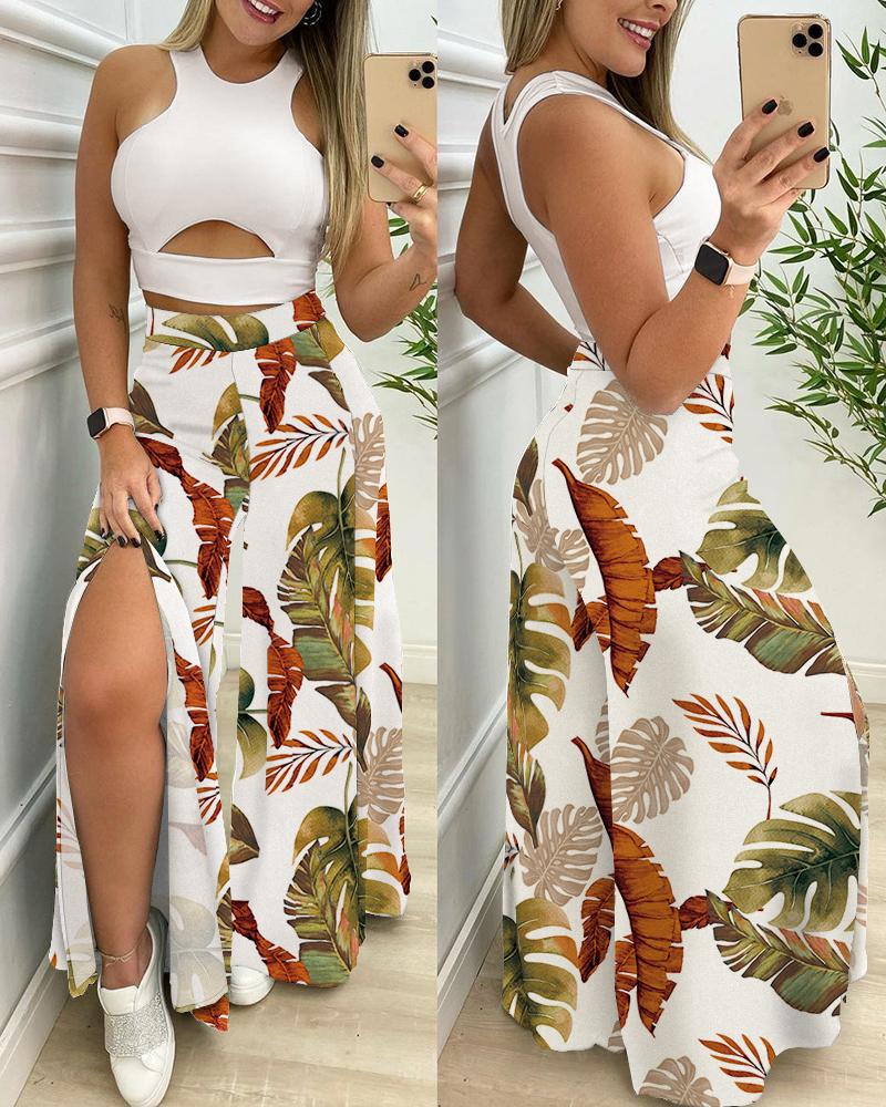 

Solid Cut-out Tank Top & Split Wide Leg Tropical Print Pants Set, White