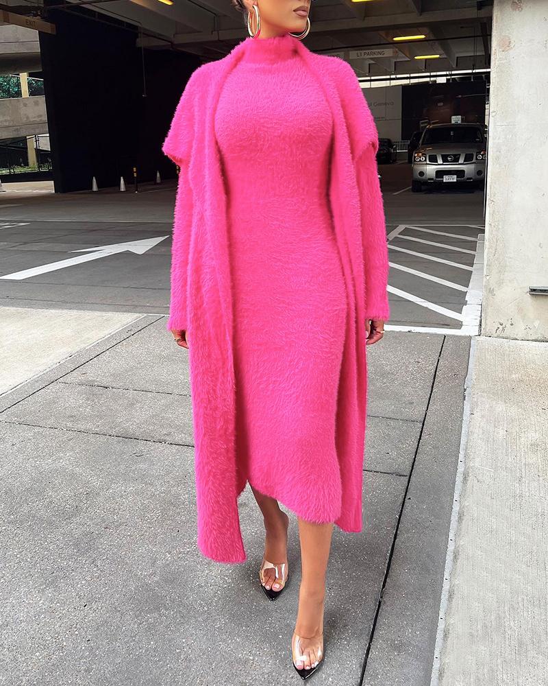 

Fuzzy Long Sleeve Open Front Longline Coat, Hot pink