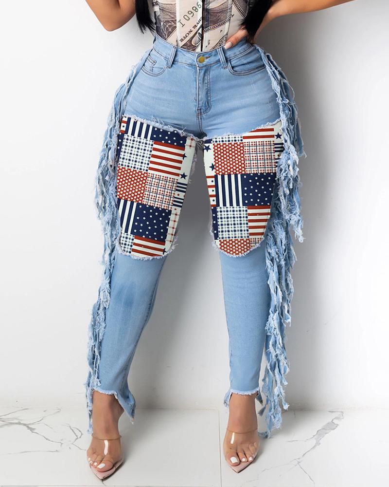 

Flag Print Tassel Design Jeans, Light blue