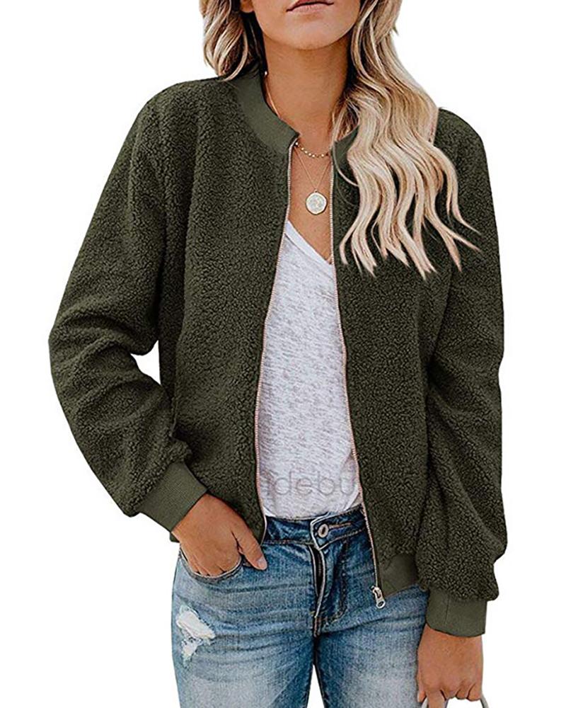 

Zip Front Long Sleeve Teddy Jacket, Army green