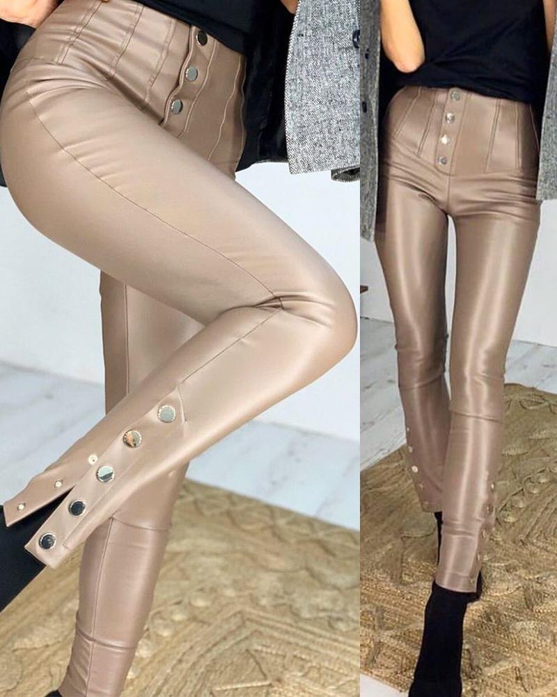 

PU Leather Button Decor Skinny Pants, Apricot