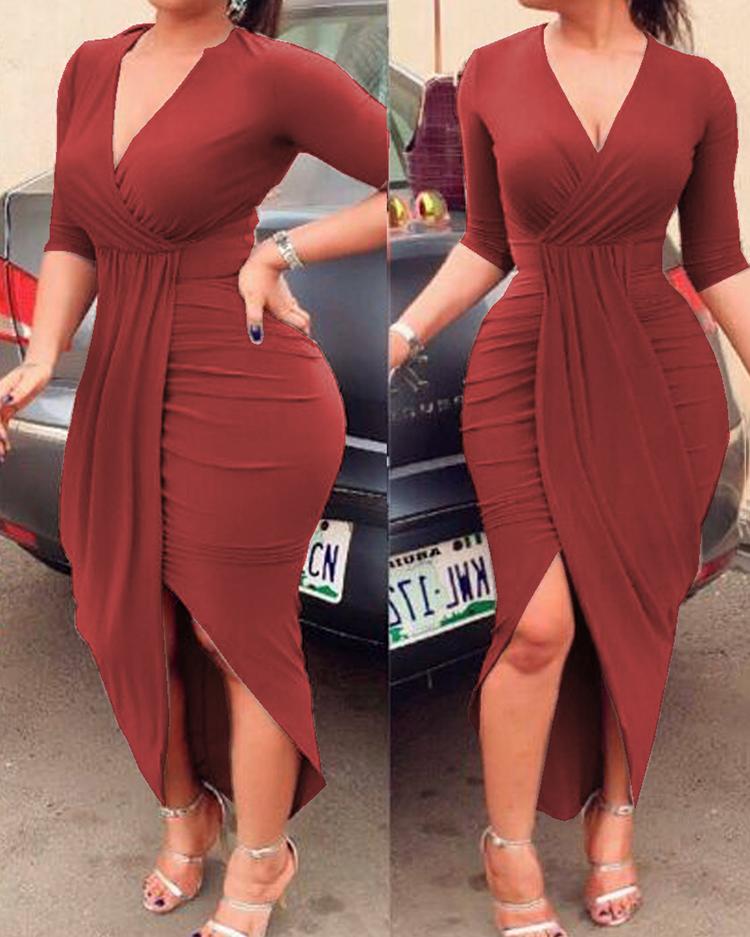 

Deep V Ruched Tulip Hem Party Dress, Wine red