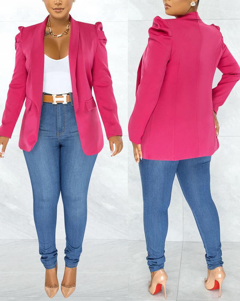 

Plus Size Puff Sleeve Shawl Collar Blazer, Hot pink