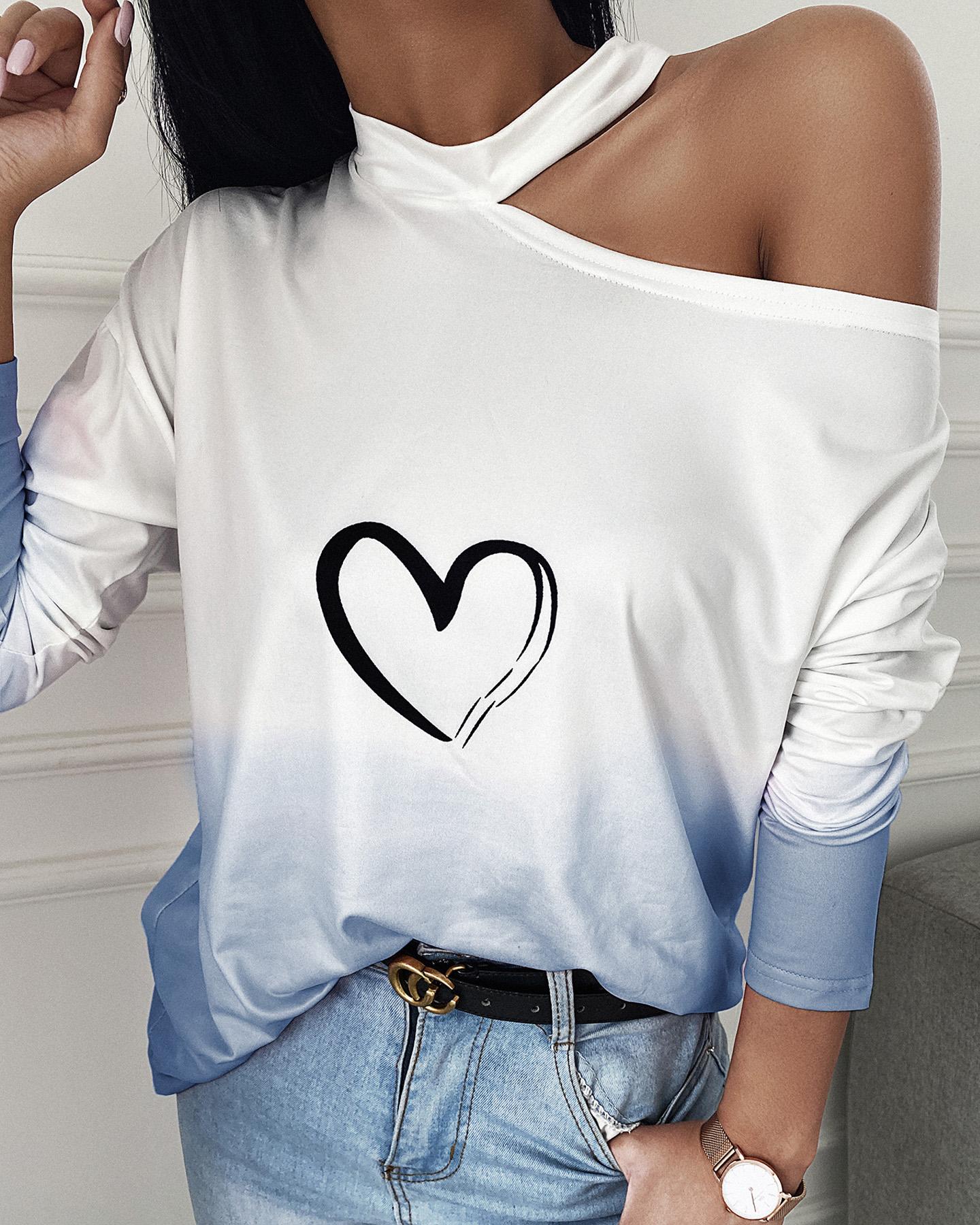 

Colorblock Heart Print Cold Shoulder Top, Blue